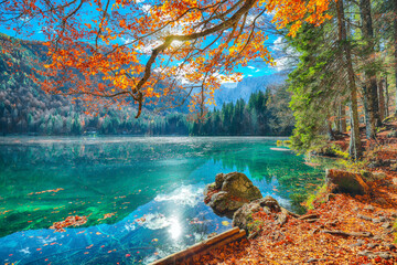 Breathtaking view of Fusine lake with Mangart peak on background