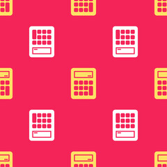 Yellow Calculator icon isolated seamless pattern on red background. Accounting symbol. Business calculations mathematics education and finance. Vector