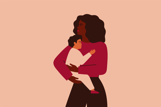 African American woman adopted white baby boy. Black female holds and embraces her child with love and care. Vector illustration