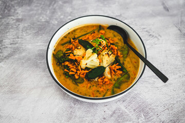 vegan yellow cauliflower curry with carrots celeri and parsley, healthy plant-based food