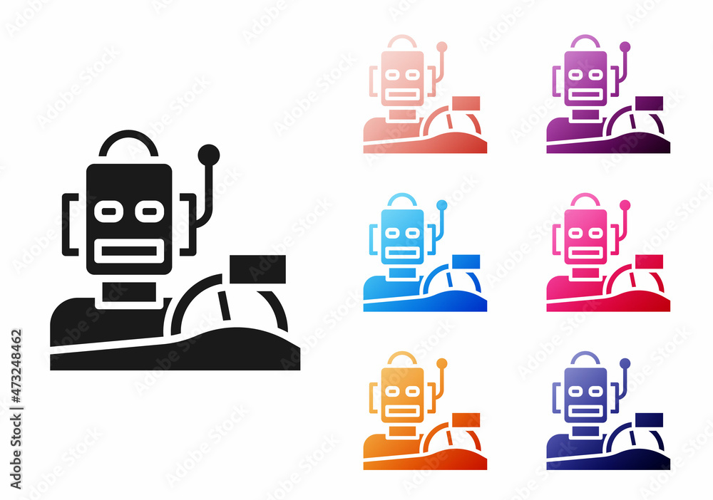 Poster black robot humanoid driving a car icon isolated on white background. artificial intelligence, machi
