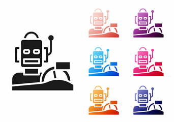 Black Robot humanoid driving a car icon isolated on white background. Artificial intelligence, machine learning, cloud computing. Set icons colorful. Vector