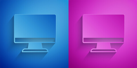 Paper cut Computer monitor screen icon isolated on blue and purple background. Electronic device. Front view. Paper art style. Vector