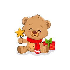Cute cartoon teddy bear with gift box. Christmas card. New Year. Season's Greetings.