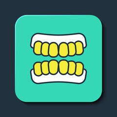 Filled outline Dentures model icon isolated on blue background. Teeth of the upper jaw. Dental concept. Turquoise square button. Vector © Iryna