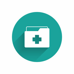 White Medical clipboard with clinical record icon isolated with long shadow background. Prescription, medical check marks report. Green circle button. Vector
