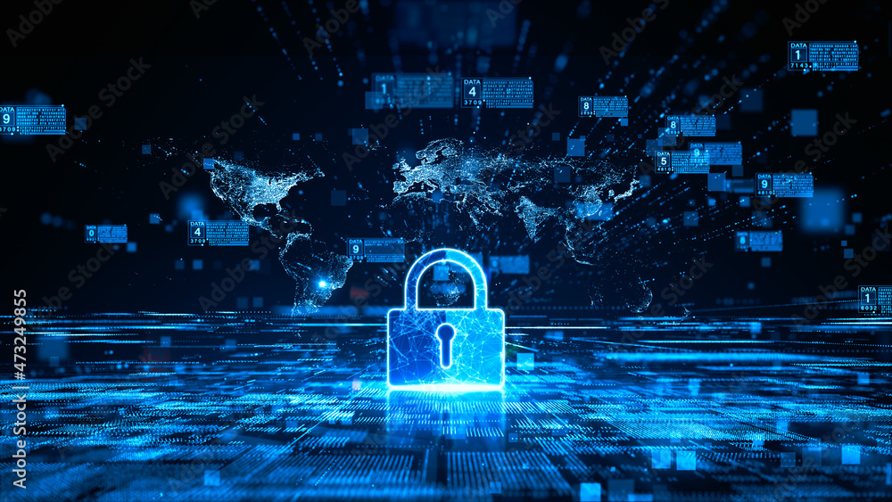 Poster padlock icon cyber security of digital data network protection. high-speed connection data analysis.
