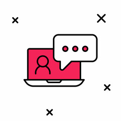 Filled outline Video chat conference icon isolated on white background. Online meeting work form home. Remote project management. Vector