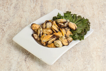 Tasty marinated mussels in the bowl