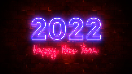 Naklejka na ściany i meble Happy New Year 2022 text neon light and particle flow and brick wall decoration, Holiday and celebration background concept. 3d rendering