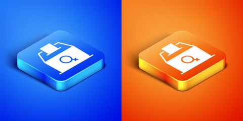 Isometric Female vote right icon isolated on blue and orange background. Square button. Vector