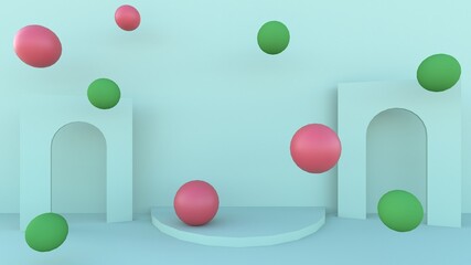 3d rendering green podium with floating ball