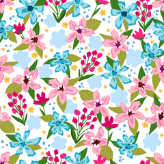 Bright multicolored garden flowers on a white background. Seamless summer pattern.