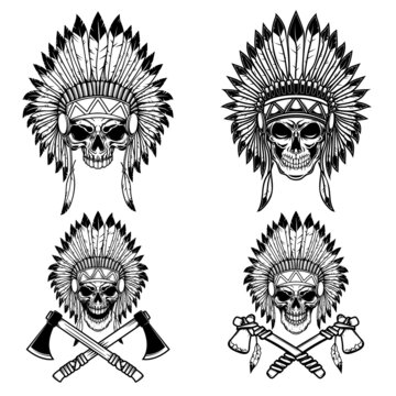 Native american skull in traditional headdress and crossed tomahawks. Design element for logo, emblem, sign, poster, t shirt. Vector illustration