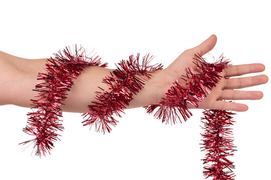 Tinsel is wrapped around the arm.