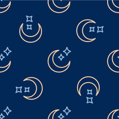 Obraz premium Line Moon and stars icon isolated seamless pattern on blue background. Cloudy night sign. Sleep dreams symbol. Full moon. Night or bed time sign. Vector