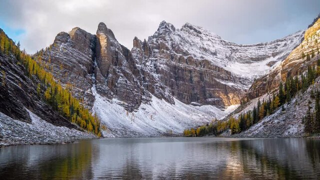 Time Lapse, Pristine Landscape of Lake Agnes and Banff National Park, Canada on Cold Autumn Morning, Clouds Moving Above Peaks