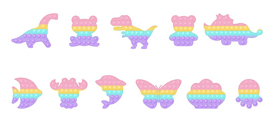 Set of animal and dinosaur forms pop it a trendy pastel rainbow fidget toys. Addictive anti stress toy in pastel colors. Bubble sensory fashionable popit for kids. Isolated vector illustration.