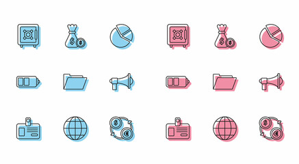 Set line Identification badge, Earth globe, Safe, Money exchange, Document folder, Megaphone, Battery charge level indicator and bag and coin icon. Vector