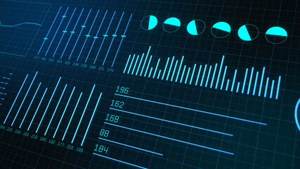 Business scientific graphs and charts with different types of indicators. Futuristic digital analytics and data diagrams. Computer illustration