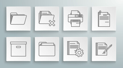 Set line Carton cardboard box, Delete folder, Document, settings with gears, Blank notebook and pen, Printer, File document paper clip and icon. Vector
