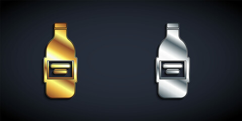 Gold and silver Glass bottle of vodka icon isolated on black background. Long shadow style. Vector