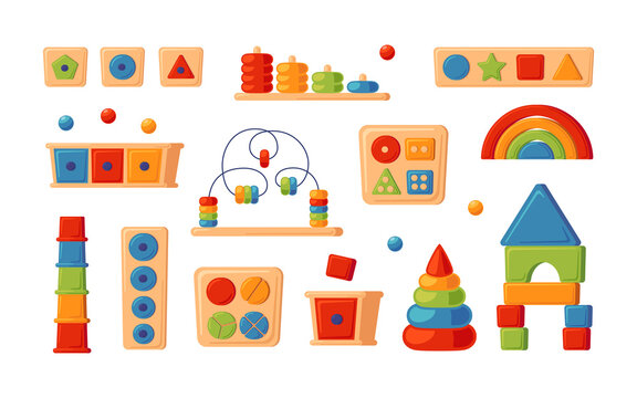 Montessori education logic toys. Children wooden toys for preschool kids. Montessori system for early childhood development. Multicolored sorters. Set of vector illustrations on white background.