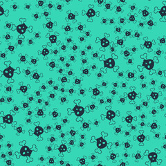 Black Skull on crossbones icon isolated seamless pattern on green background. Happy Halloween party. Vector