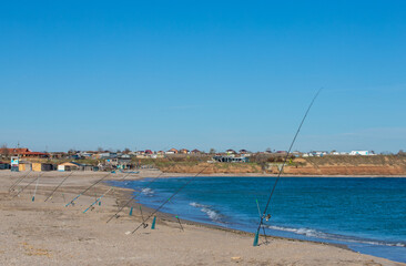landscape with many rods placed for fishing on the beach