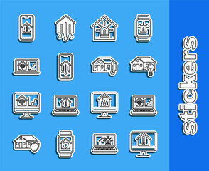 Set line Computer monitor with house temperature, Laptop smart home wi-fi, Smart and light bulb, alarm, Mobile phone, and House icon. Vector