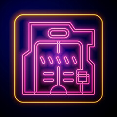 Glowing neon Futuristic sliding doors icon isolated on black background. Vector