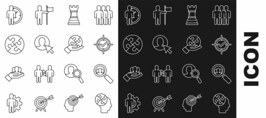Set line Human head puzzles strategy, Magnifying glass for search people, Target and check mark, Business, User of business suit, Piece, Time Management and hand icon. Vector