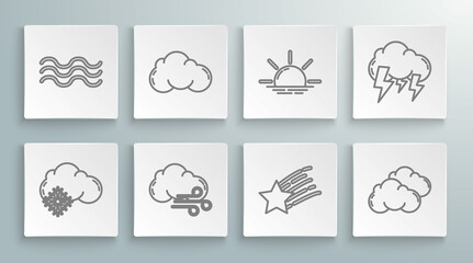 Set line Cloud with snow, Windy weather, Falling star, Sunrise, Storm and Waves icon. Vector