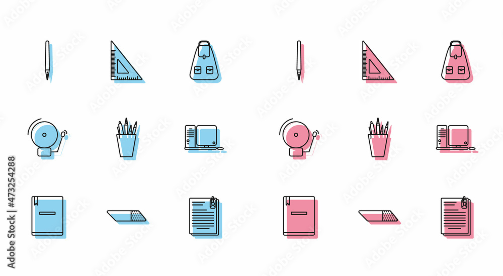 Poster set line notebook, eraser or rubber, pen, file document and paper clip, pencil case stationery, comp
