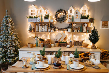 electric garlands on decorated in kitchen for new year. Christmas decor.