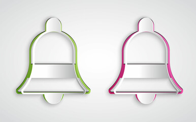 Paper cut Ringing bell icon isolated on grey background. Alarm symbol, service bell, handbell sign, notification symbol. Paper art style. Vector