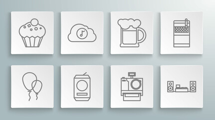 Set line Balloons with ribbon, Music streaming service, Beer can, Photo camera, Home stereo two speakers, Wooden beer mug, Open cigarettes pack box and Muffin icon. Vector