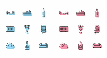 Set line Music streaming service, Whiskey bottle, Home stereo with two speakers, Sofa, Bouquet flowers, Karaoke, Retro audio cassette tape and Cake icon. Vector