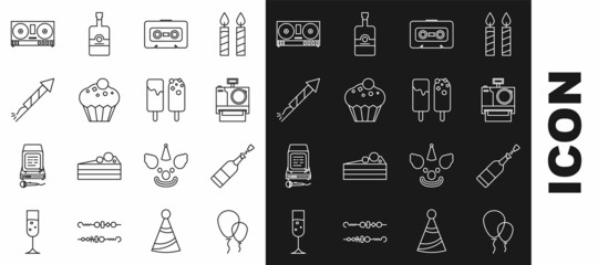 Set line Balloons with ribbon, Champagne bottle, Photo camera, Retro audio cassette tape, Muffin, Firework rocket, DJ remote for playing and mixing music and Ice cream icon. Vector