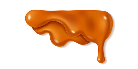 Melted caramel sauce drop isolated on white background. Orange or brown paint stains design. Vector illustration. Realistic horizontal leaking syrup dripping