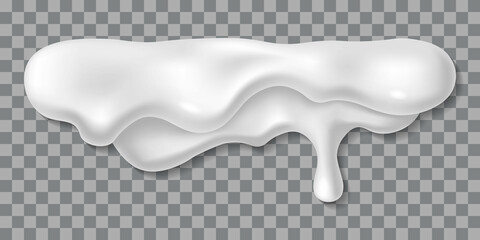 Yogurt icing drip. Cream or yoghurt stain isolated. 3d realistic white mayonnaise or milk drop. Top border design - obrazy, fototapety, plakaty