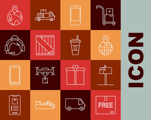 Set line Cardboard box with free symbol, Open mail, Mobile phone app delivery tracking, Wooden, Support operator touch, Worldwide and Coffee cup icon. Vector