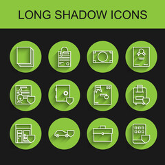 Set line Shopping building with shield, Car, Clean paper, Briefcase, Smartphone insurance, Safe, Traveling baggage and Ordered envelope icon. Vector
