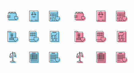 Set line Scales of justice, Report file document, Wallet and money with shield, Contract, Smartphone insurance, Document graph chart, and Certificate template icon. Vector