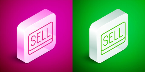 Isometric line Sell button icon isolated on pink and green background. Financial and stock investment market concept. Silver square button. Vector