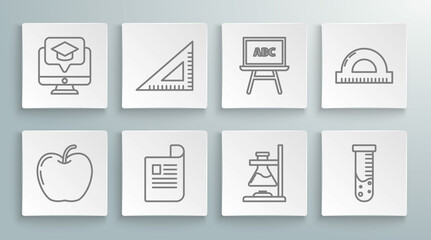 Fototapeta premium Set line Apple, Triangular ruler, Document, Glass test tube flask on fire, Test and chemical laboratory, Chalkboard, Protractor grid for measuring degrees and Monitor with graduation cap icon. Vector