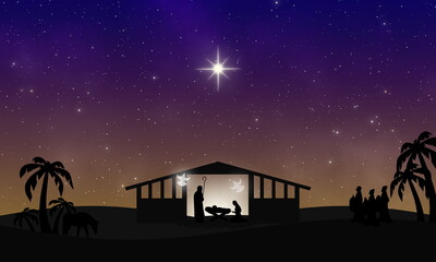 The Nativity of Jesus at Bethlehem three wise men came to see baby christ in stall