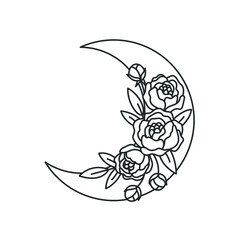Crescent moon with a bouquet of flowers. Magical nature. Peonies with the moon. Line drawing. Vector illustration. Print for apparel, cards, posters.