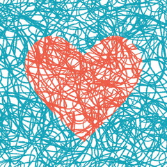 Red scribble heart on a blue background. Seamless romantic pattern. Valentine's Day greeting card.