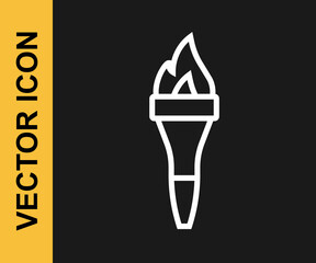 White line Torch flame icon isolated on black background. Symbol fire hot, flame power, flaming and heat. Vector